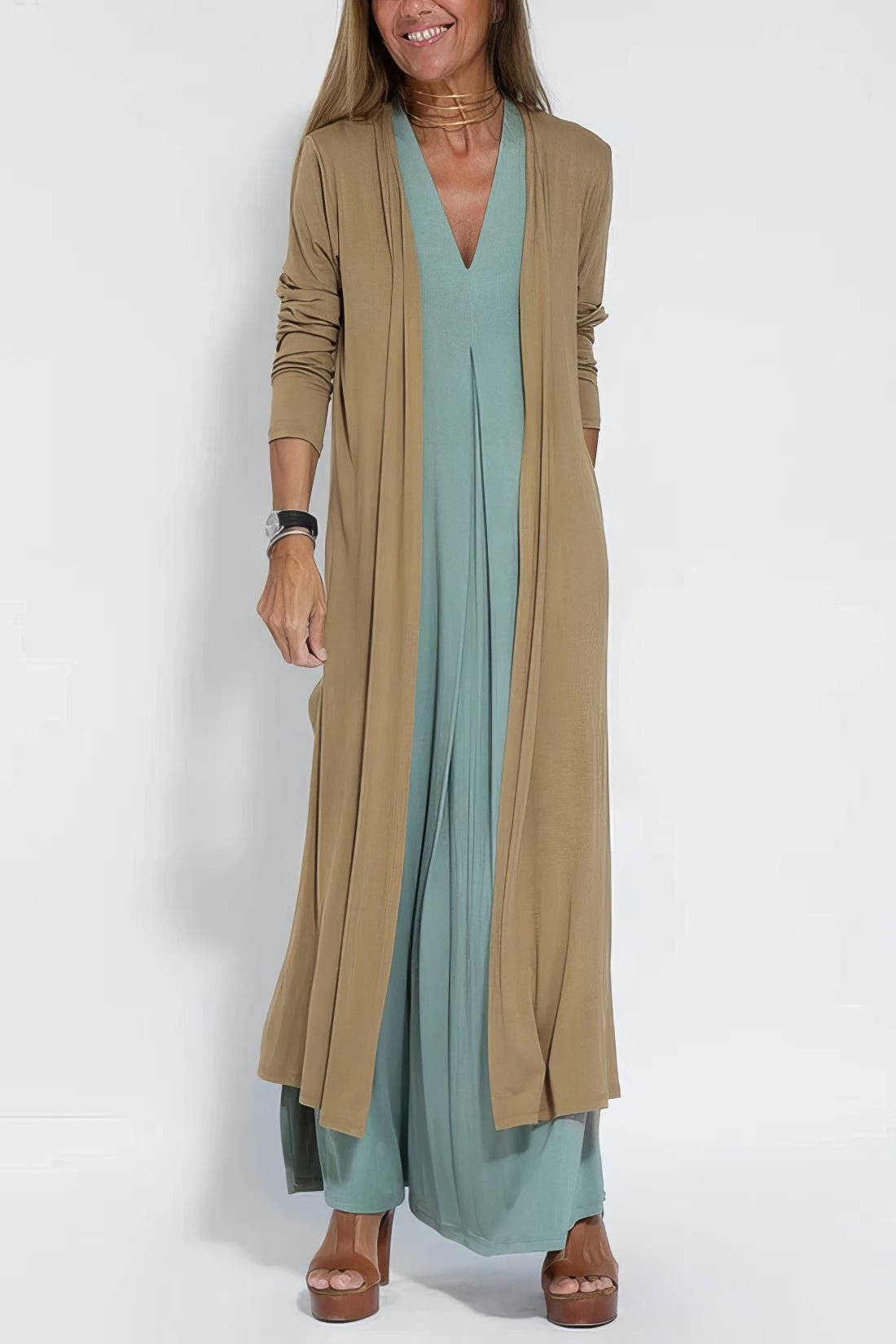 Robe Longue Col V Sans Manches avec Cardigan Assorti – Style Décontracté Élégant