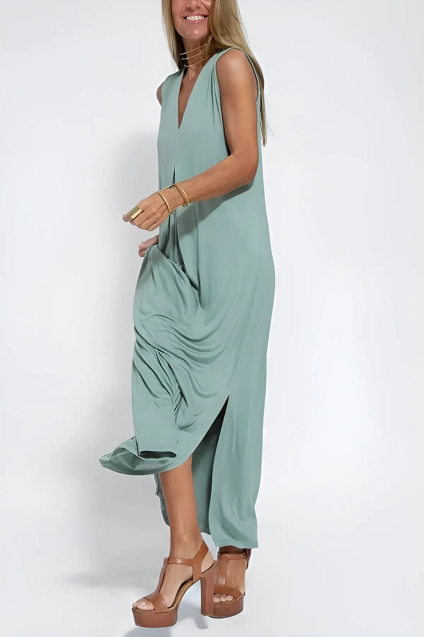 Robe Longue Col V Sans Manches avec Cardigan Assorti – Style Décontracté Élégant