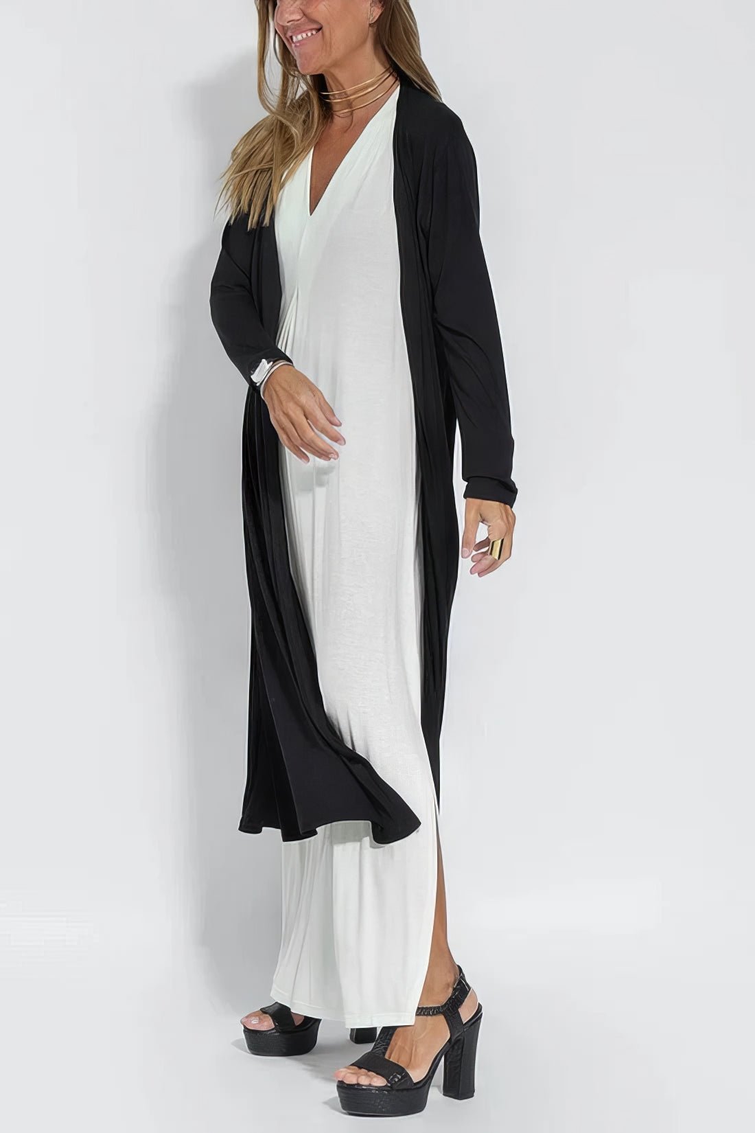 Robe Longue Col V Sans Manches avec Cardigan Assorti – Style Décontracté Élégant