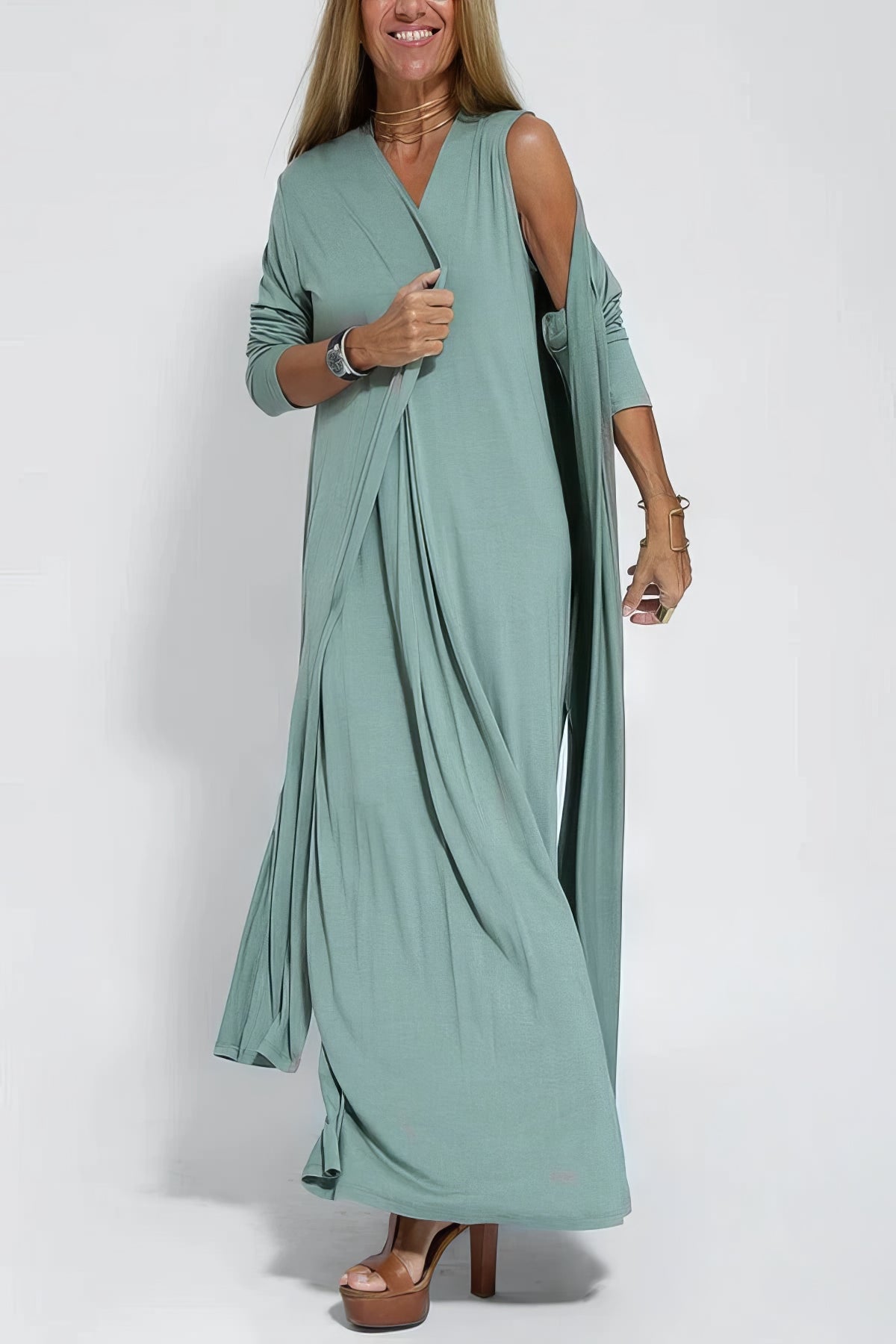Robe Longue Col V Sans Manches avec Cardigan Assorti – Style Décontracté Élégant