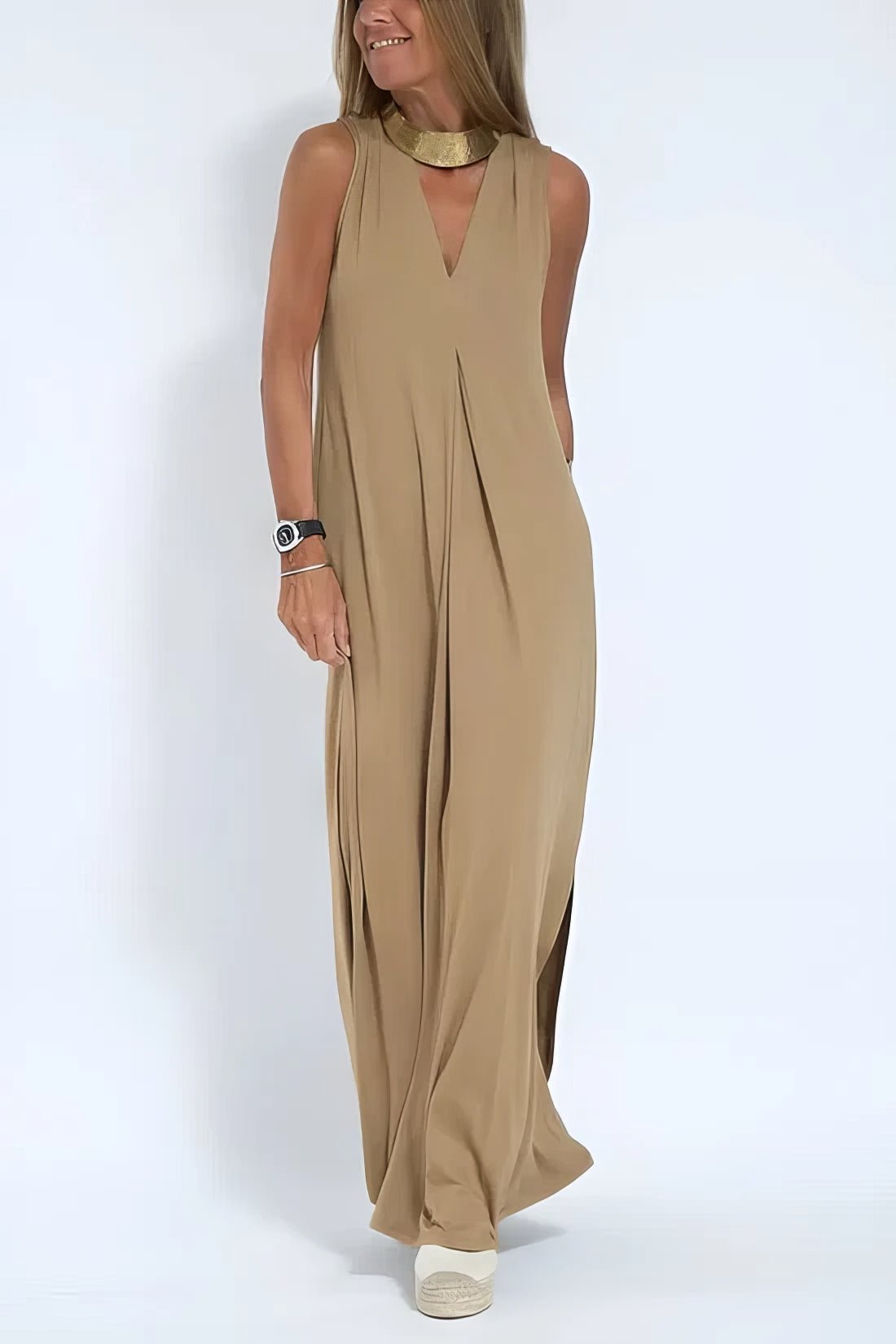 Robe Longue Col V Sans Manches avec Cardigan Assorti – Style Décontracté Élégant