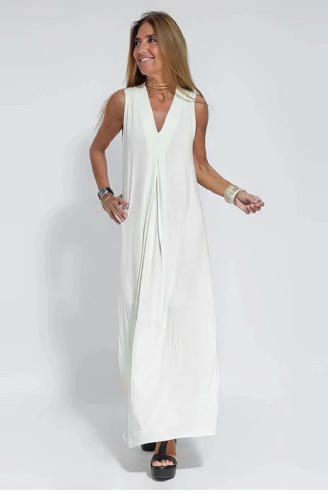 Robe Longue Col V Sans Manches avec Cardigan Assorti – Style Décontracté Élégant