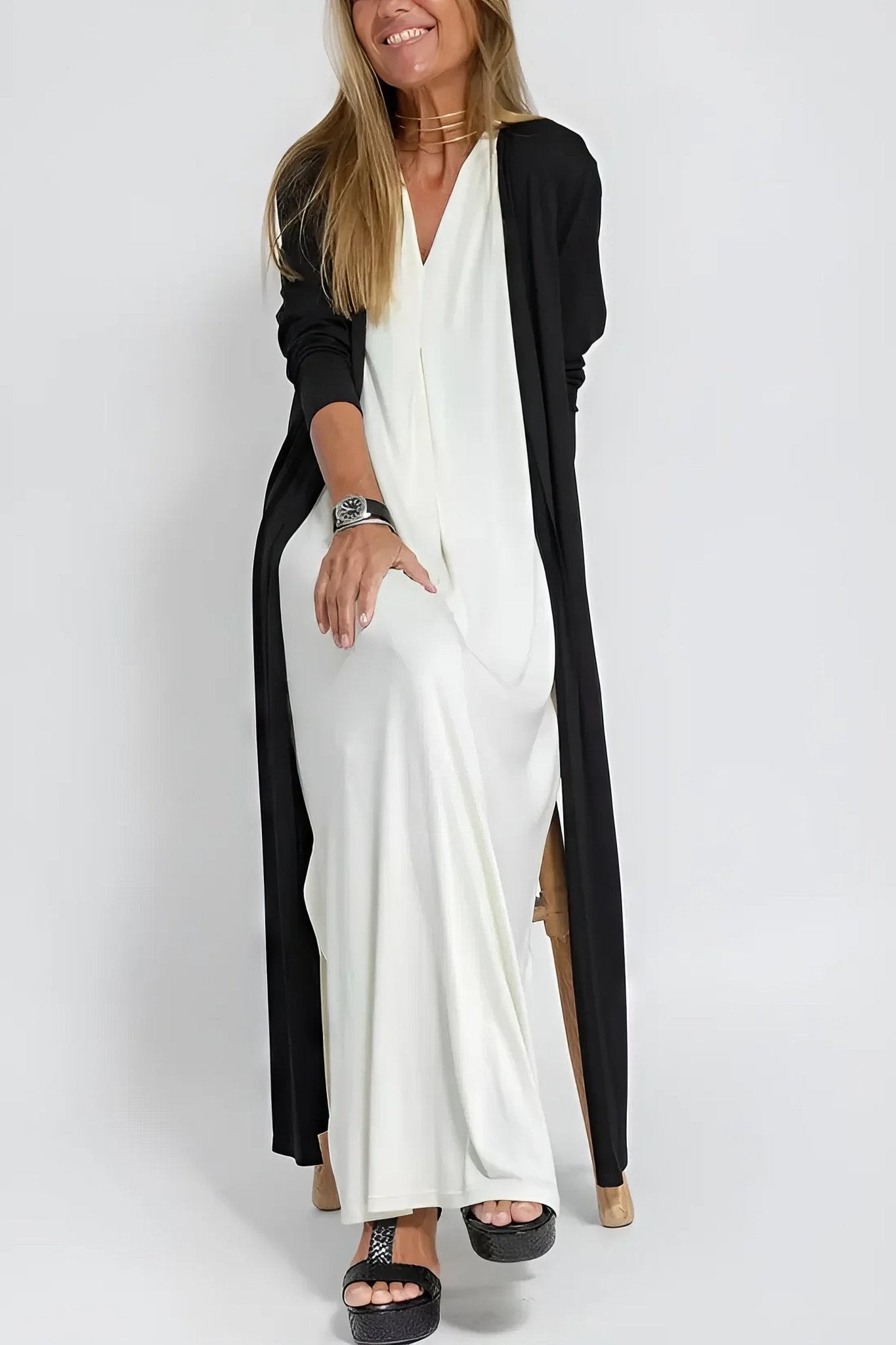 Robe Longue Col V Sans Manches avec Cardigan Assorti – Style Décontracté Élégant