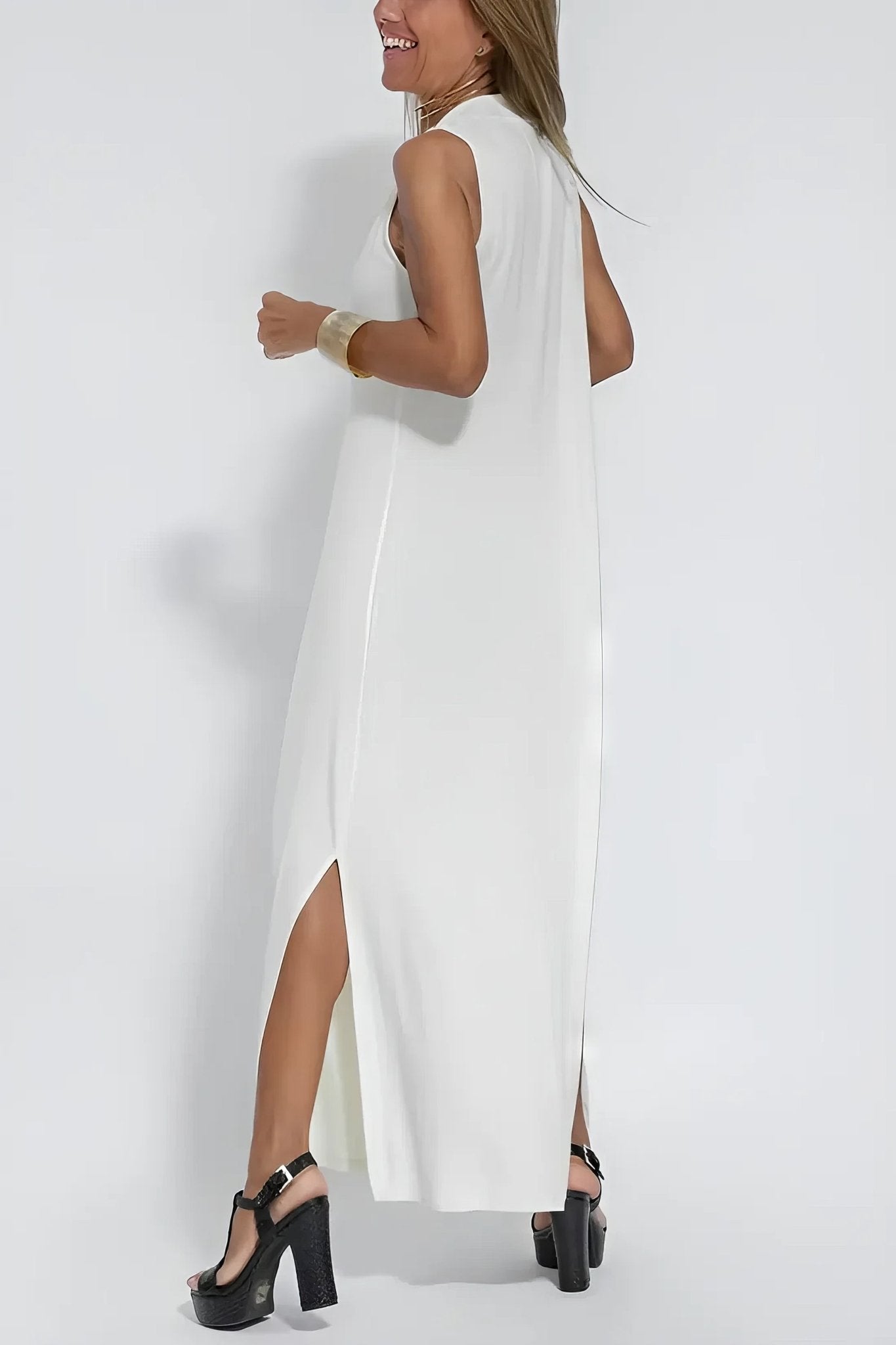 Robe Longue Col V Sans Manches avec Cardigan Assorti – Style Décontracté Élégant