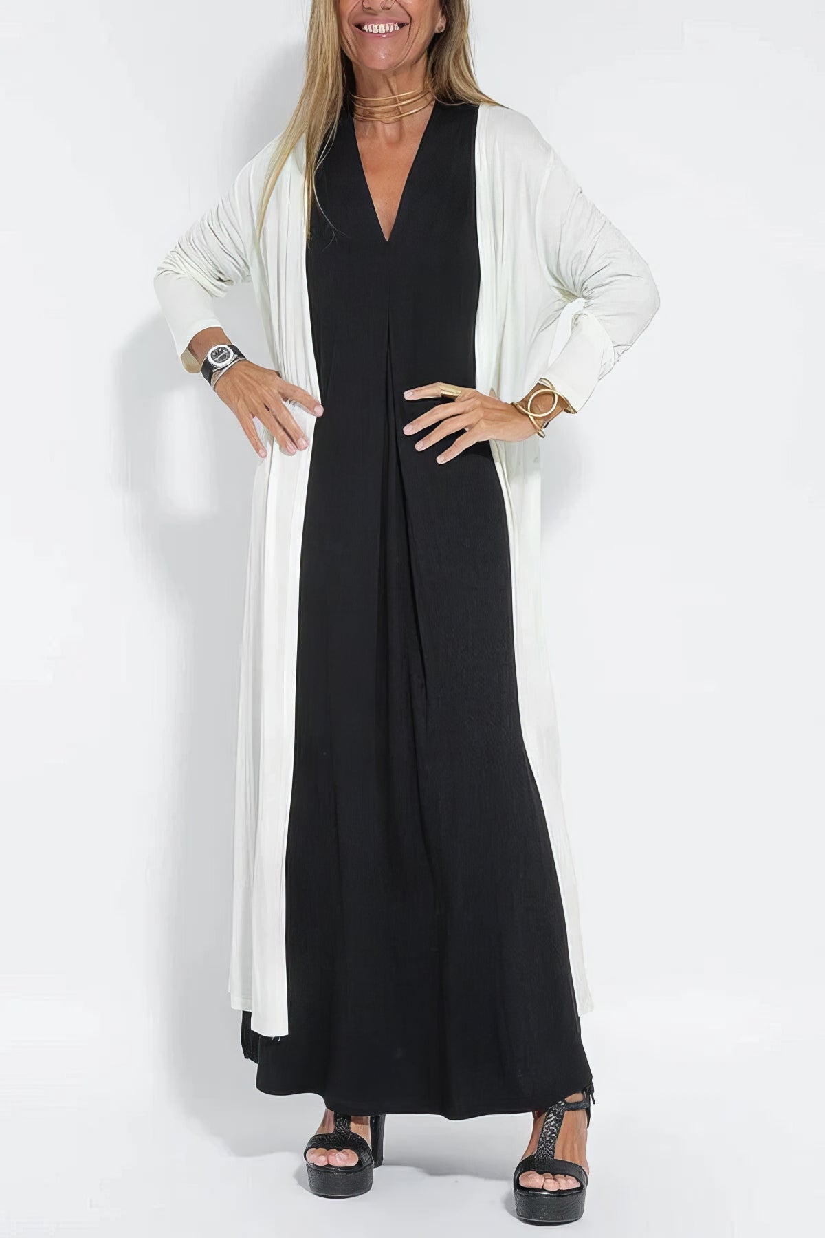 Robe Longue Col V Sans Manches avec Cardigan Assorti – Style Décontracté Élégant