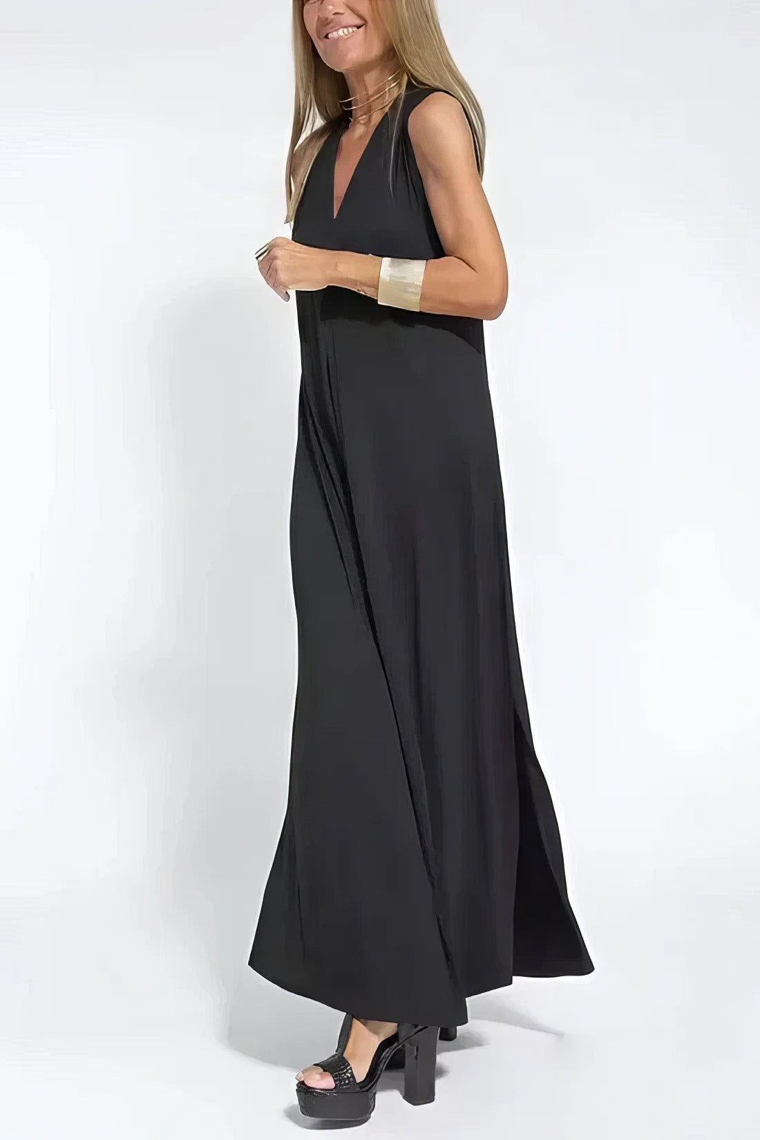Robe Longue Col V Sans Manches avec Cardigan Assorti – Style Décontracté Élégant