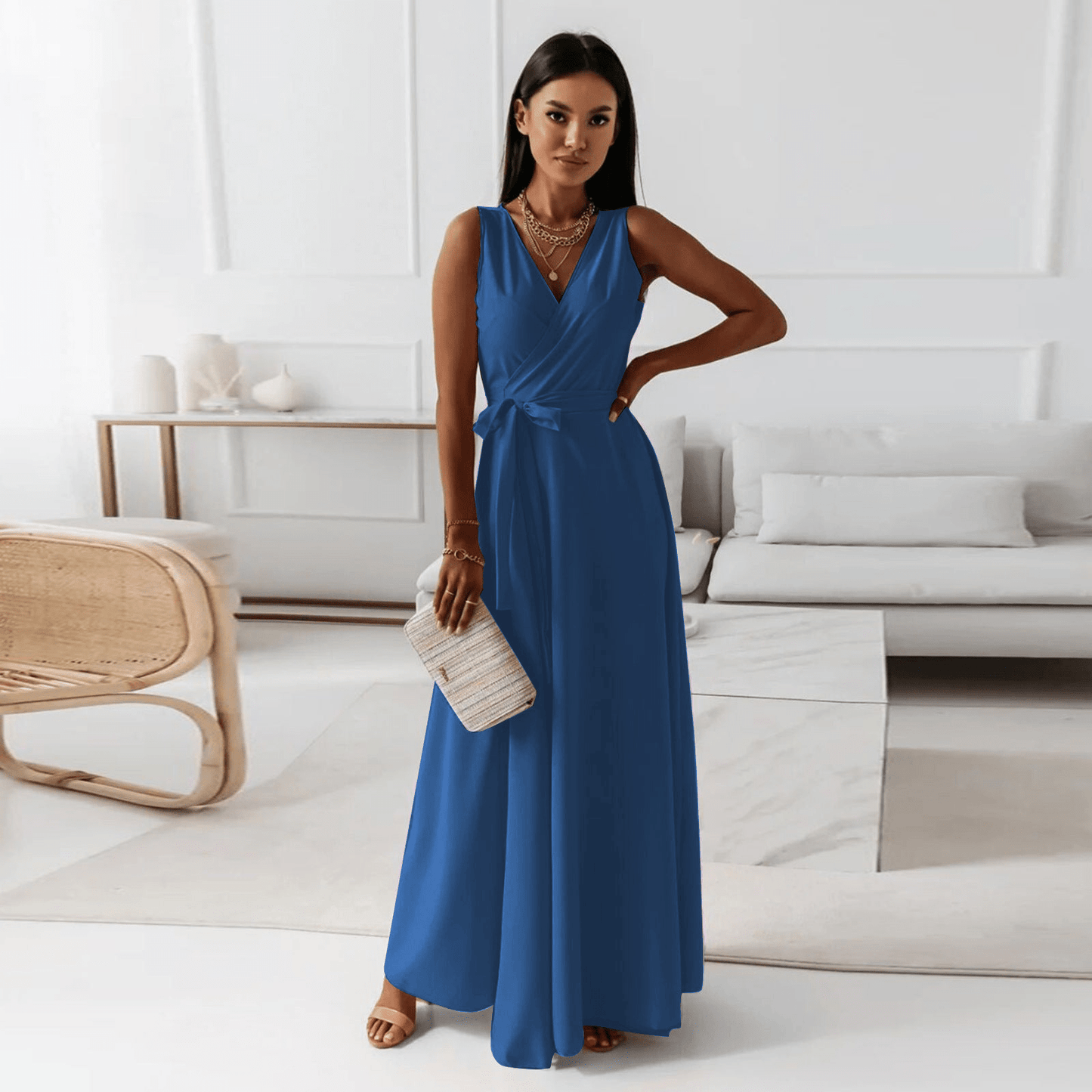 Robe Longue Élegante à Décolleté en V pour Femmes