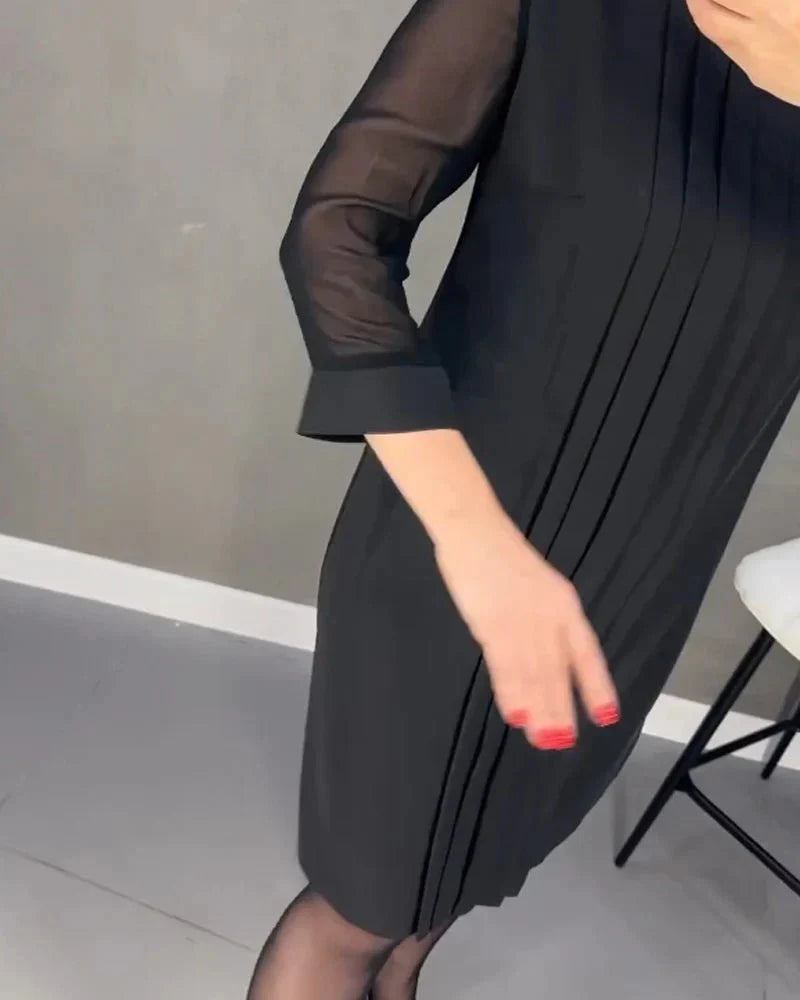 Robe Plissée Mi-Longue à Manches Longues