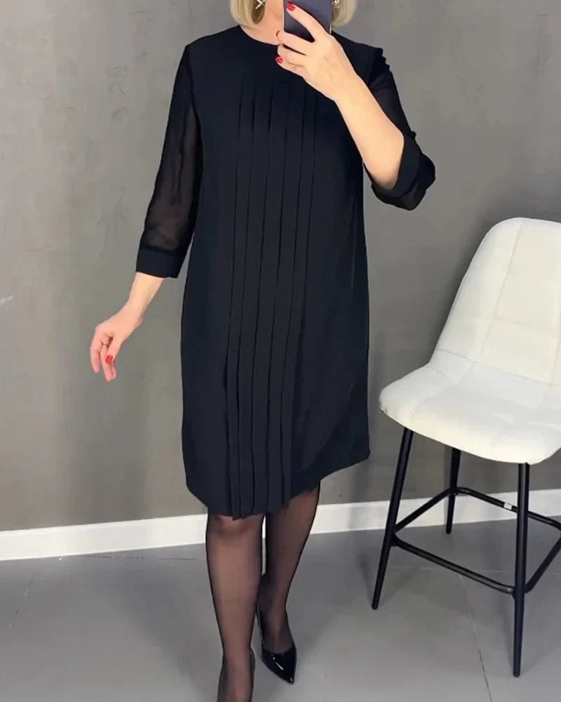 Robe Plissée Mi-Longue à Manches Longues