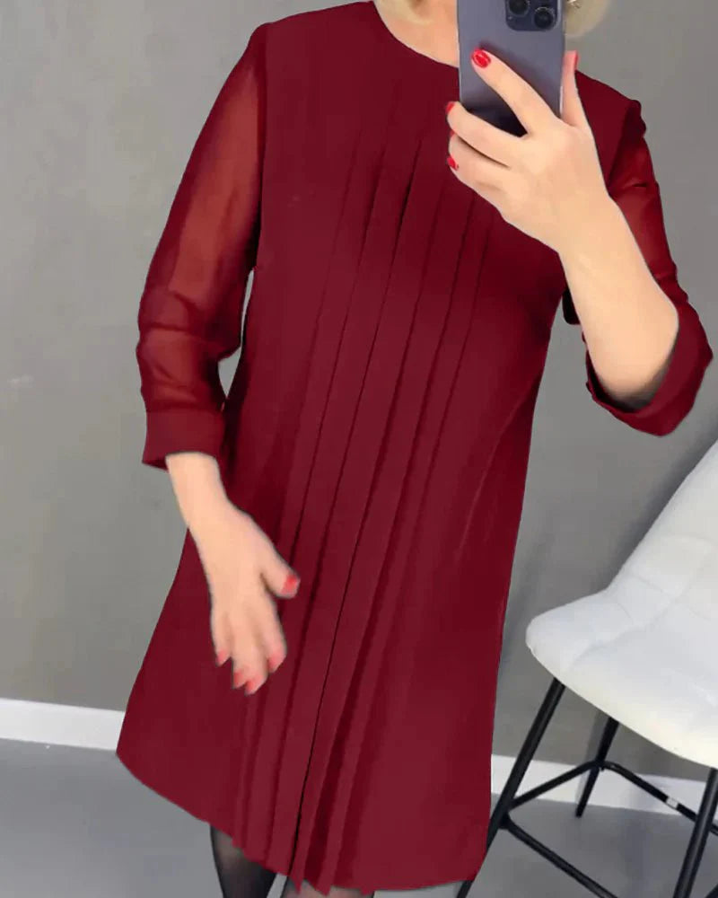 Robe Plissée Mi-Longue à Manches Longues