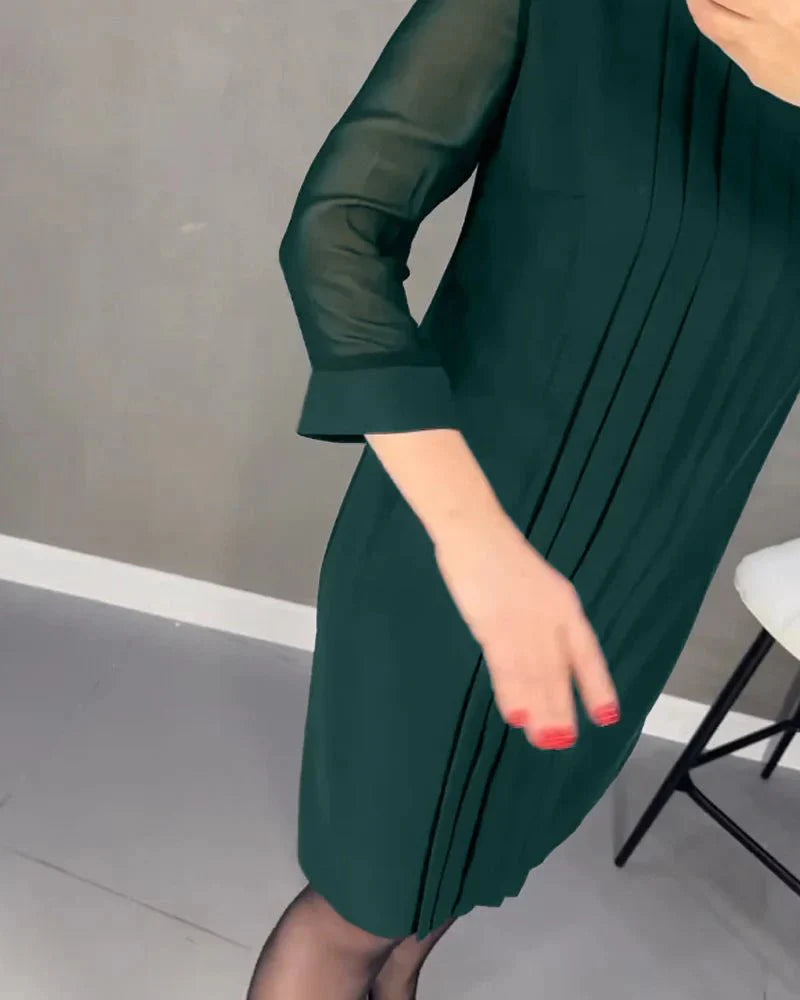 Robe Plissée Mi-Longue à Manches Longues