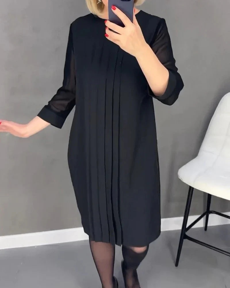 Robe Plissée Mi-Longue à Manches Longues