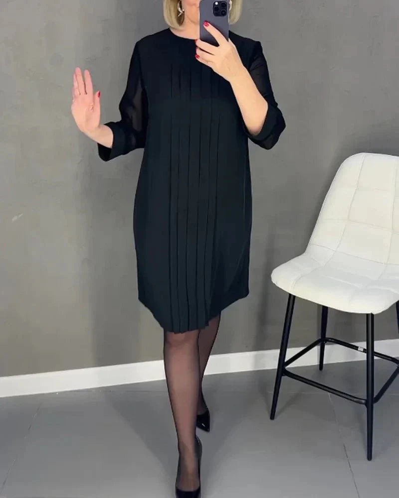 Robe Plissée Mi-Longue à Manches Longues