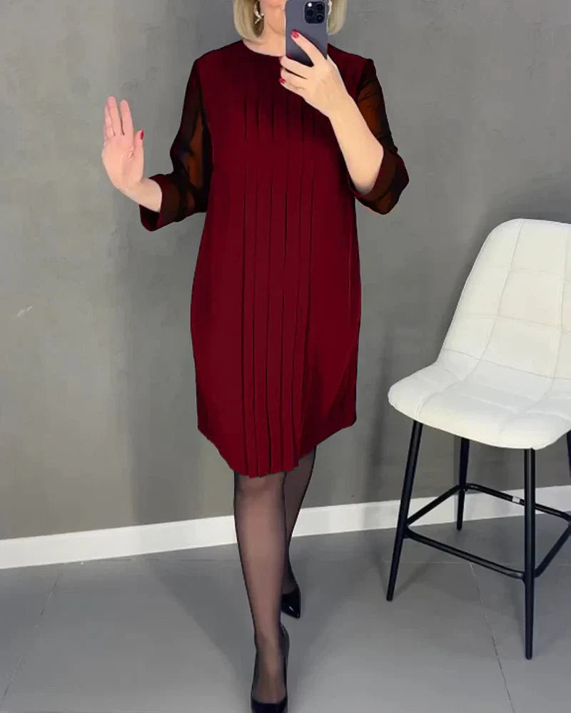 Robe Plissée Mi-Longue à Manches Longues