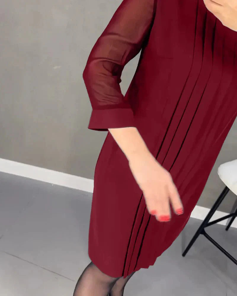 Robe Plissée Mi-Longue à Manches Longues