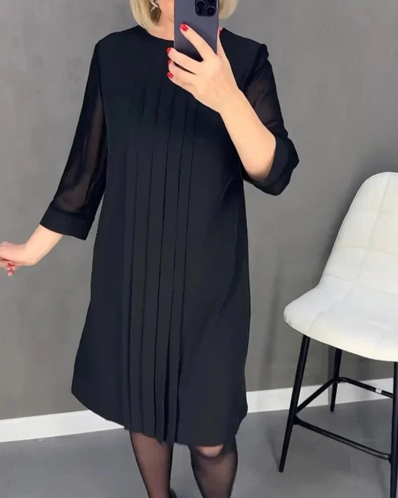 Robe Plissée Mi-Longue à Manches Longues