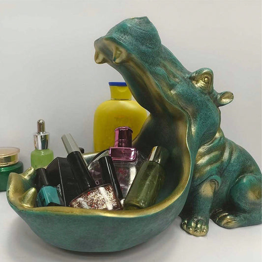 Charmante figurine d'hippopotame HippoServe avec bol – Sculpture décorative en résine pour la maison et le bureau