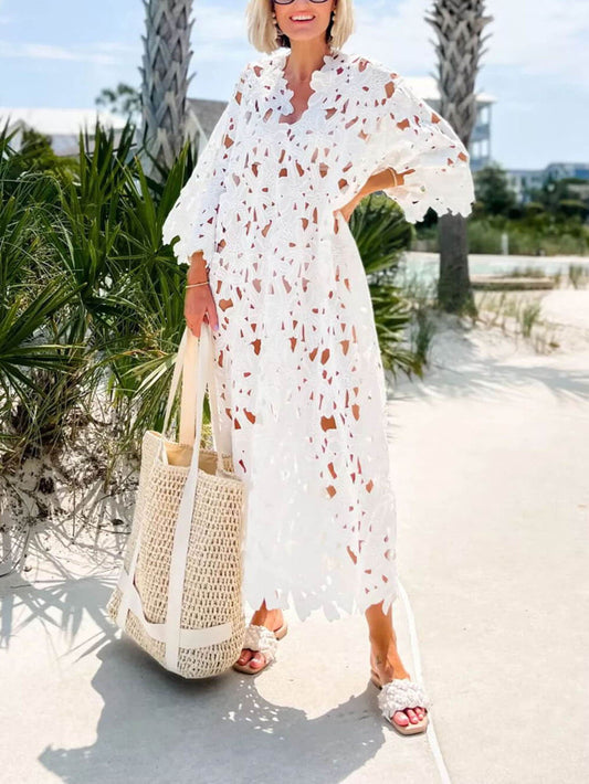 Raquel - Robe midi à manches longues à oeillets floraux