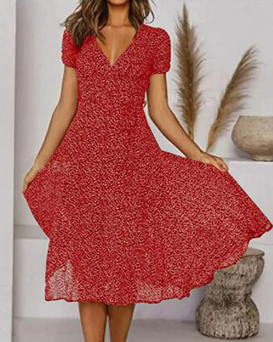 Micaela Robe en mousseline de soie imprimée à manches courtes et col en V pour femme