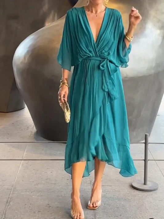 Monica - Robe en mousseline de soie à col en V, élégante et stylée
