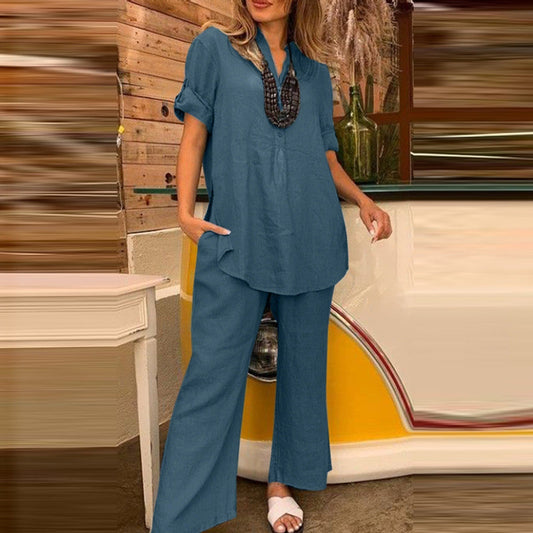 Élise - Ensemble blouse et pantalon unis à col en V
