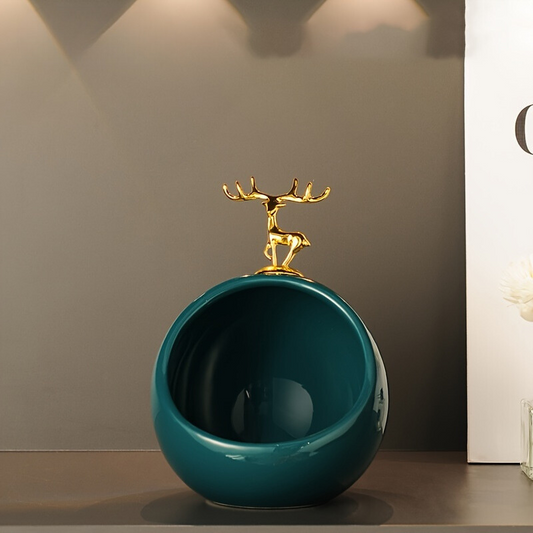 DeerBox Bol de rangement en céramique - Bol décoratif moderne avec couvercle en métal au design de cerf
