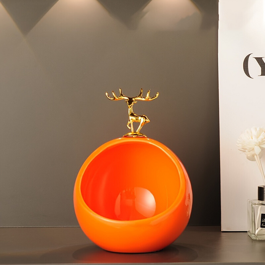 DeerBox Bol de rangement en céramique - Bol décoratif moderne avec couvercle en métal au design de cerf