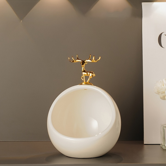 DeerBox Bol de rangement en céramique - Bol décoratif moderne avec couvercle en métal au design de cerf