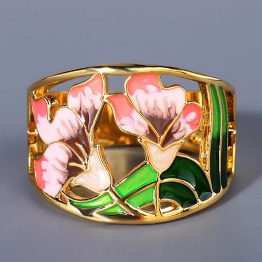 Bague Fleur en Émail Doré Rétro