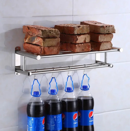 Porte-serviettes en acier inoxydable avec barre double et crochets – Organisateur de salle de bain moderne