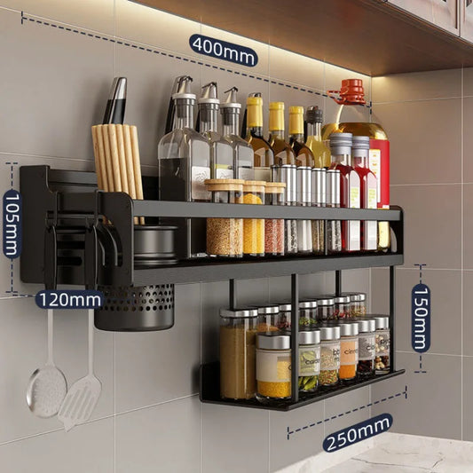 Étagère de cuisine en acier inoxydable à monter au mur avec crochets et porte-couteaux – Idéale pour une cuisine bien rangée