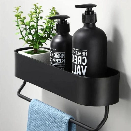 Étagère de salle de bain noire élégante avec porte-serviettes et panier de douche | Durable et gain de place