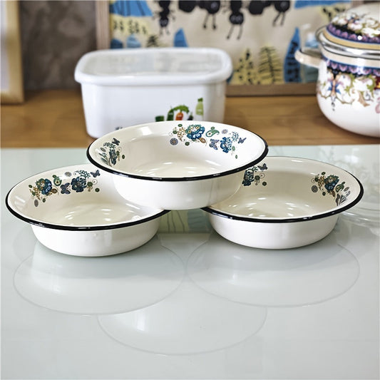 FlowerEnamel Ensemble de 3 bols en émail – Design floral vintage, résistant aux rayures