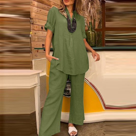 Élise - Ensemble blouse et pantalon unis à col en V