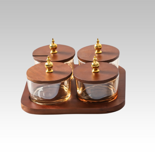 GlassSet Ensemble de bols à snacks en verre avec plateau en bois d'acacia – Bols élégants pour snacks, fruits et desserts