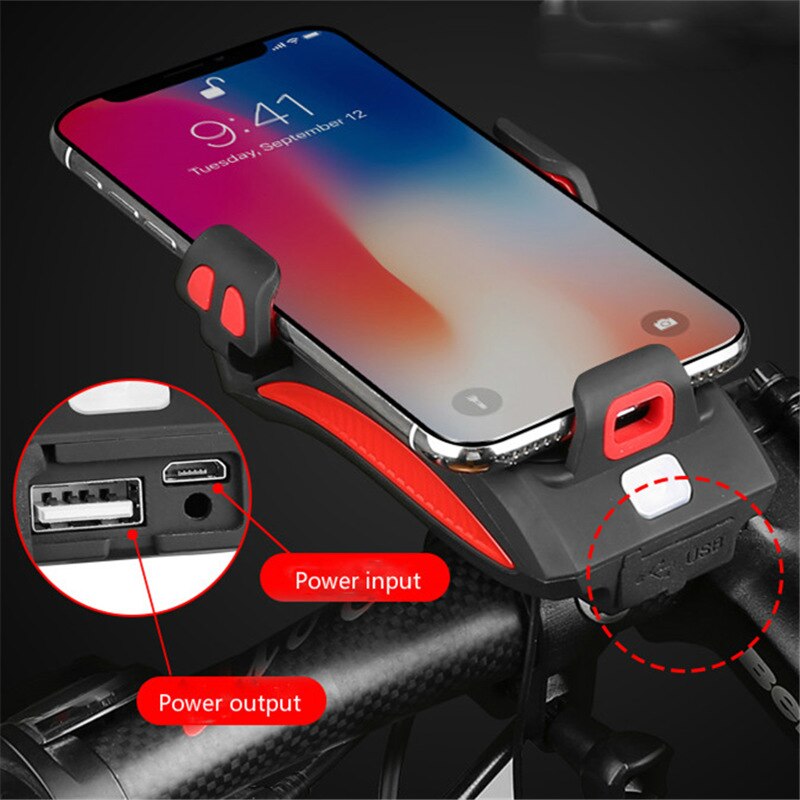 Gadget multifonctionnel 4-en-1 pour vélo avec support de téléphone, batterie externe, lumière LED et klaxon