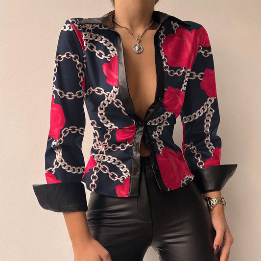 Silvia | Blouse en patchwork à manches longues en cuir PU à décolleté en V imprimé