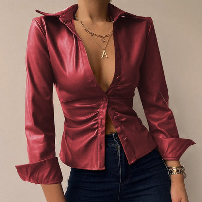 Silvia | Blouse en patchwork à manches longues en cuir PU à décolleté en V imprimé