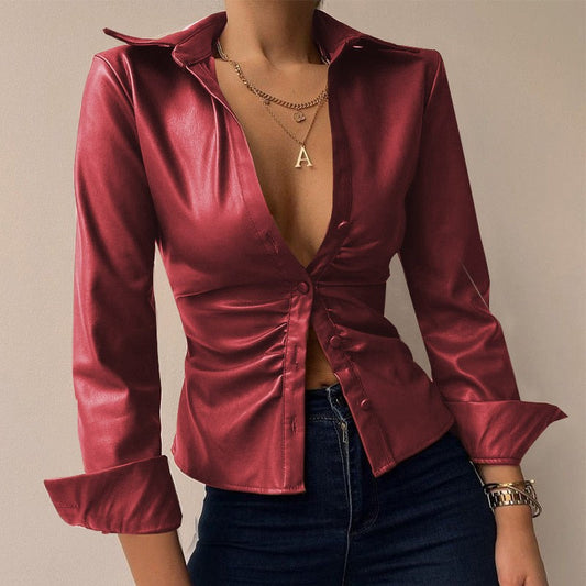 Silvia | Blouse en patchwork à manches longues en cuir PU à décolleté en V imprimé