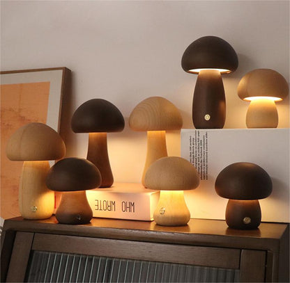 Lampe de Table Champignon en Bois Sans Fil – Éclairage LED Portable et Durable pour Chambre ou Salon