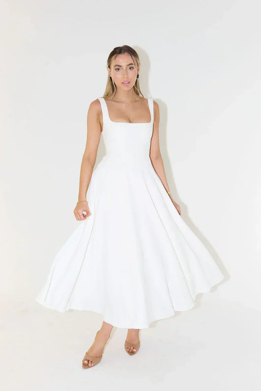 Chic Robe Midi à Haute Taille et Col Carré pour Femmes