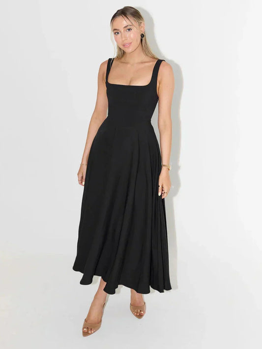 Chic Robe Midi à Haute Taille et Col Carré pour Femmes