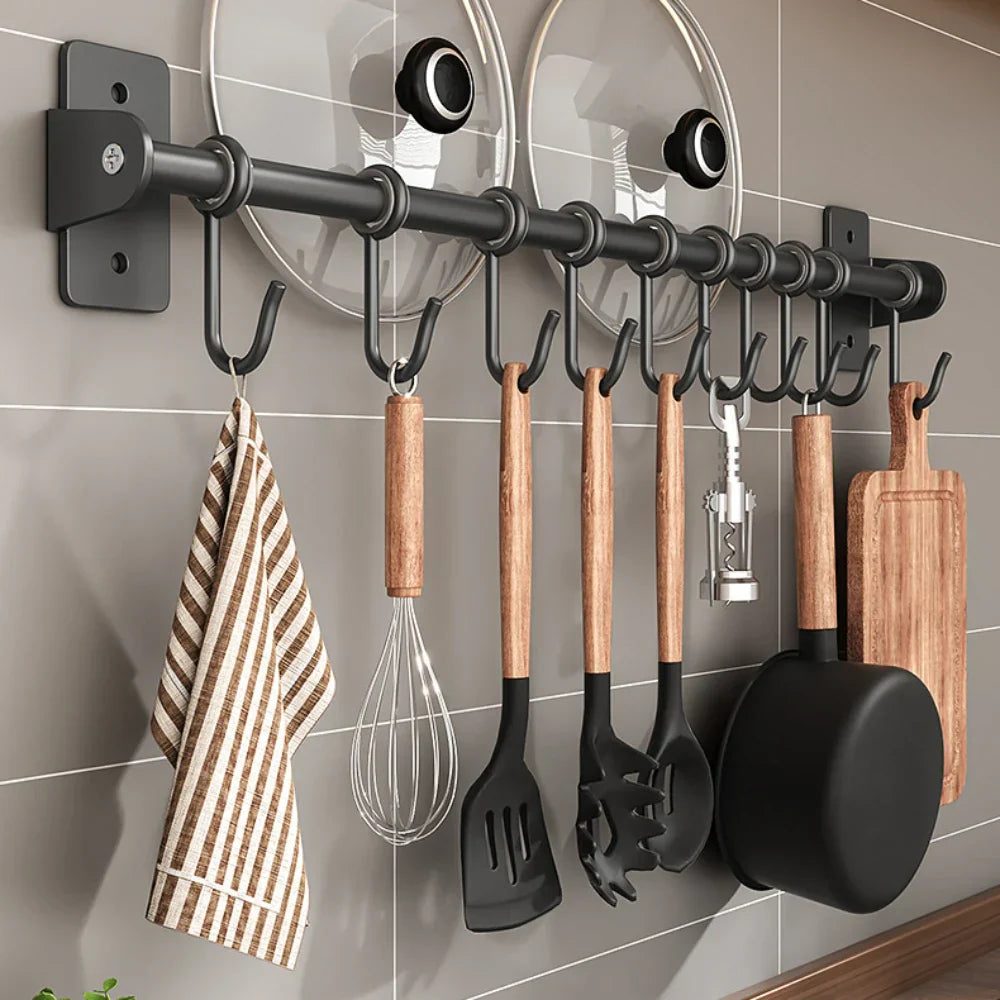 Barre de crochets de cuisine premium – Organisateur en acier monté au mur pour un rangement gain de place