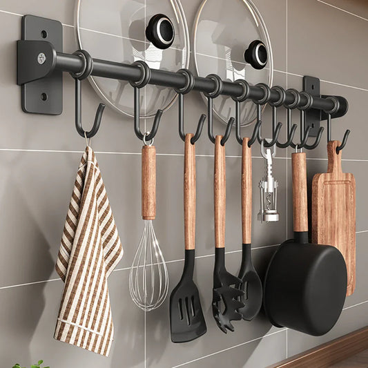 Barre de crochets de cuisine premium – Organisateur en acier monté au mur pour un rangement gain de place