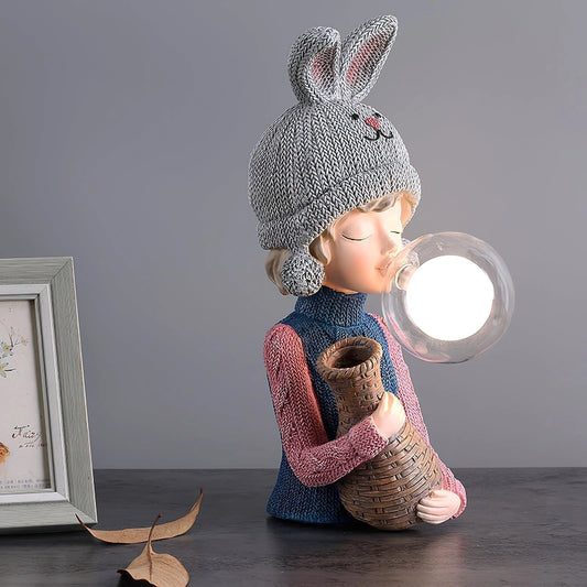 Lampe de table en résine Élégance Lyra Fille Lapin – Abat-jour en verre double