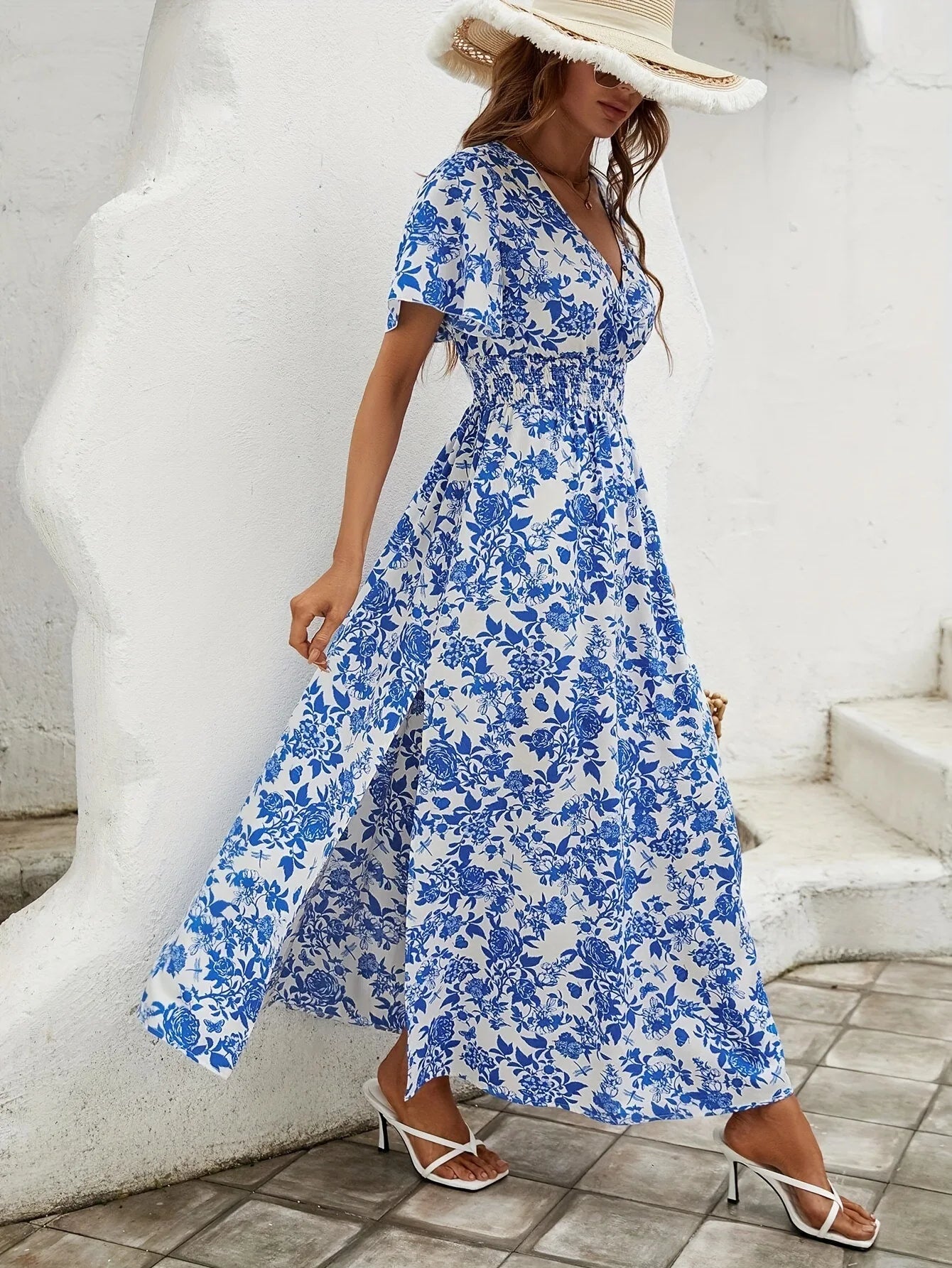 Clara - Robe maxi à manches courtes imprimées