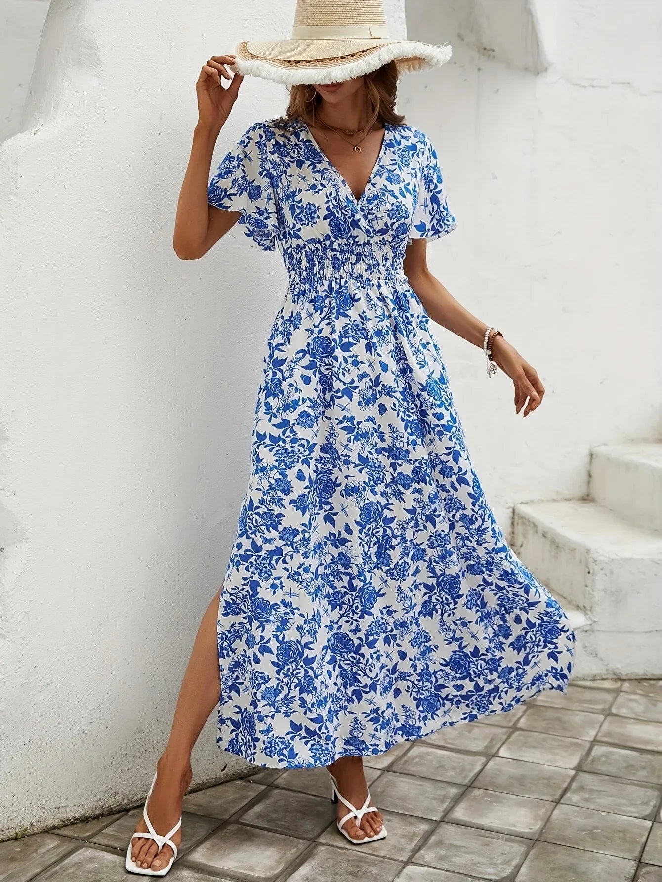 Clara - Robe maxi à manches courtes imprimées