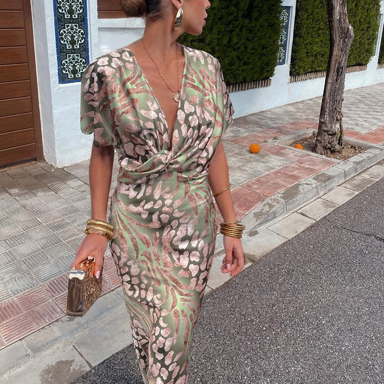 Robe Longue à Col en V Torsadé – Femme – Roxane
