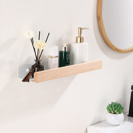 Étagère de douche murale – Pas besoin de percer – Rangement pour salle de bain – Accents en bois – Design gain de place