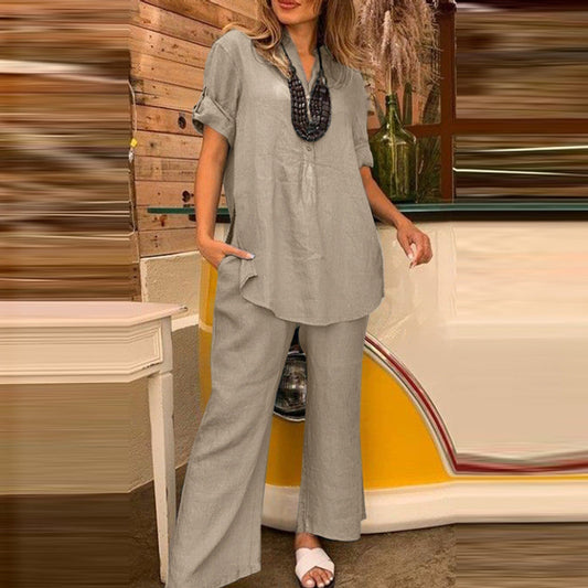Élise - Ensemble blouse et pantalon unis à col en V